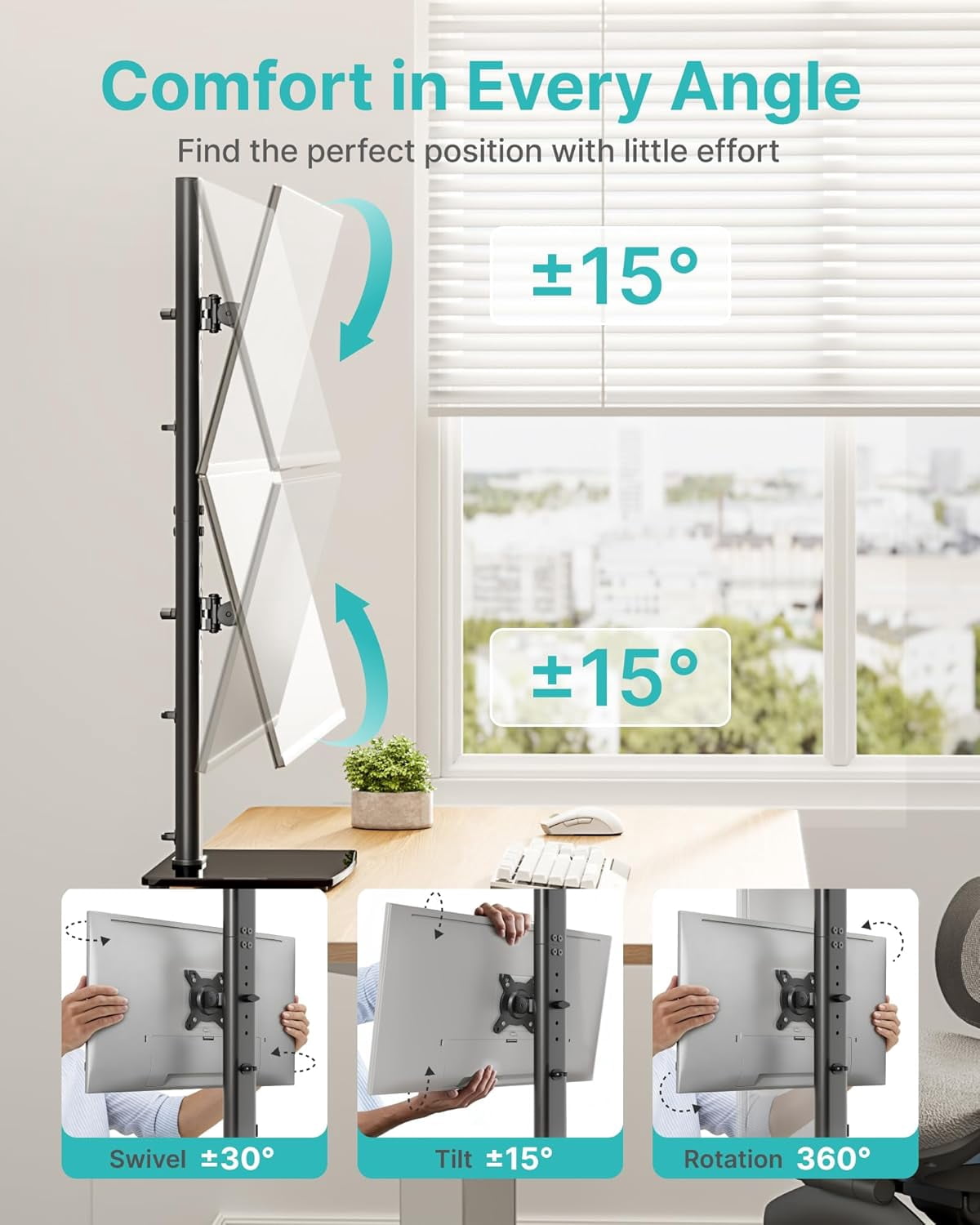 Vertical Dual Monitor Stand for 1734 Inch Screens, Stacked Monitor Mount with 33.3" Pole & 12 Height Settings, Freest... - Image 4