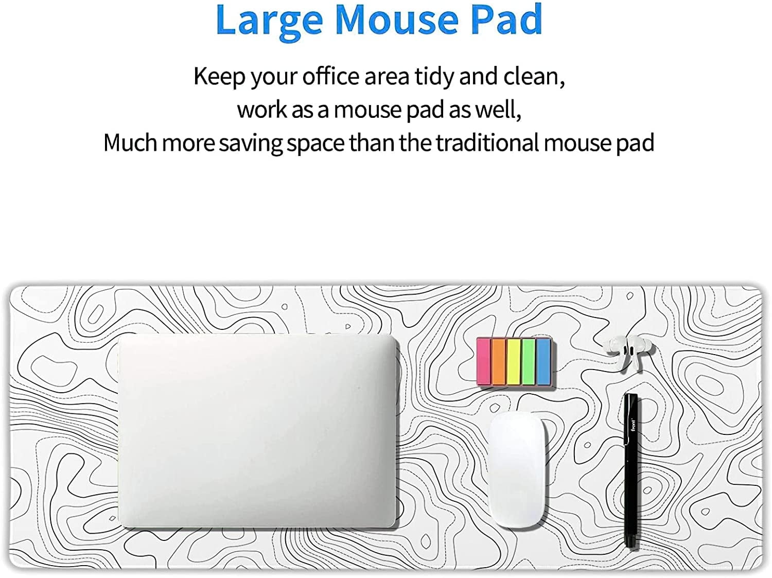 Topographic Map Large Mouse Pad XL White Lines Contour Geographic Extended Large Desk Mat Big Desk Pad 80X30 CM Non-S... - Image 5