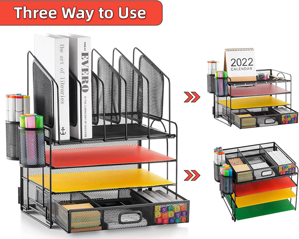 with Drawer, 4-Tier Mesh File with 5 Vertical File Holders and 2 Pen Holders, Multifunction top , s and Accessories f... - Image 5