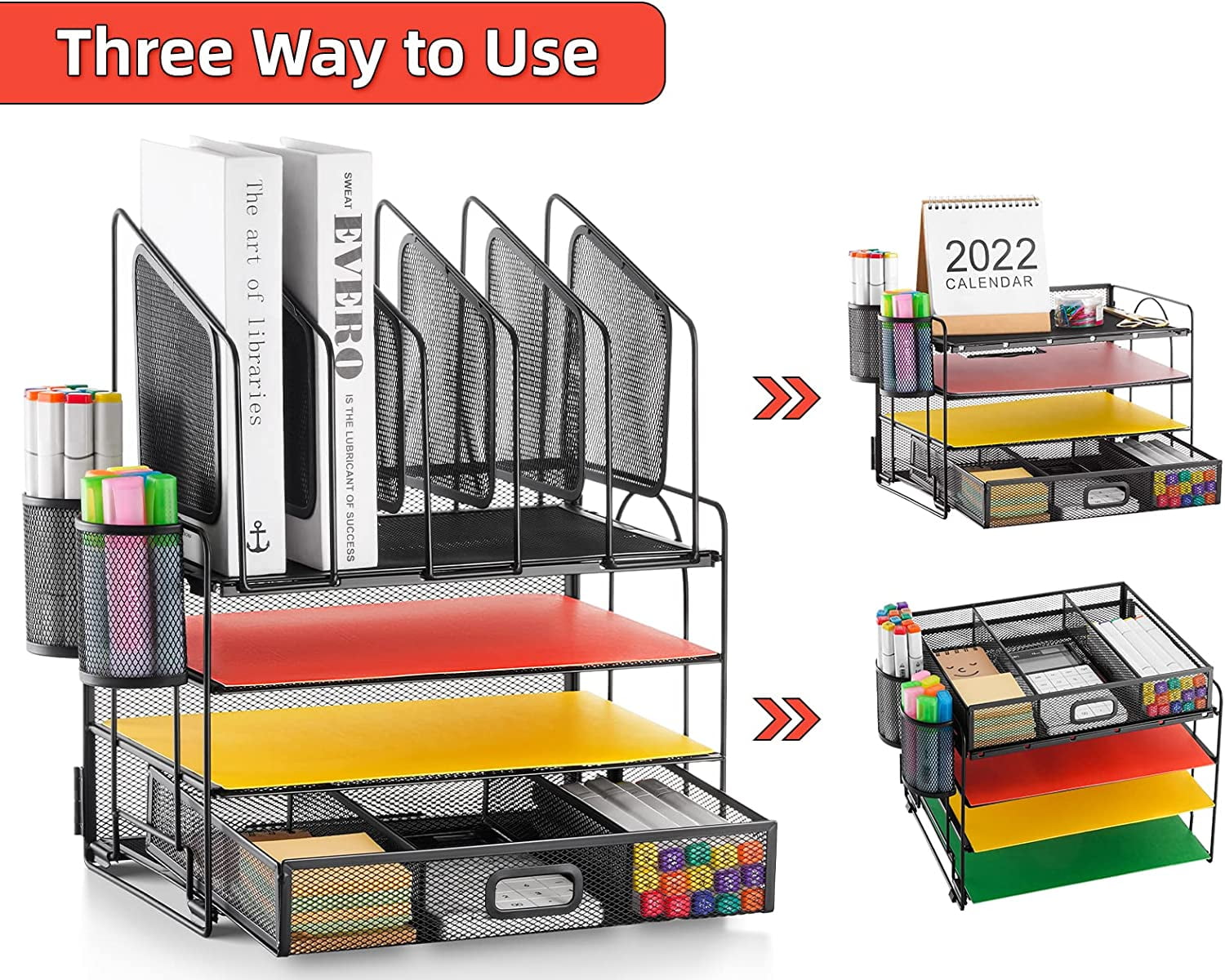with Drawer, 4-Tier Mesh File with 5 Vertical File Holders and 2 Pen Holders, Multifunction top , s and Accessories f... - Image 5