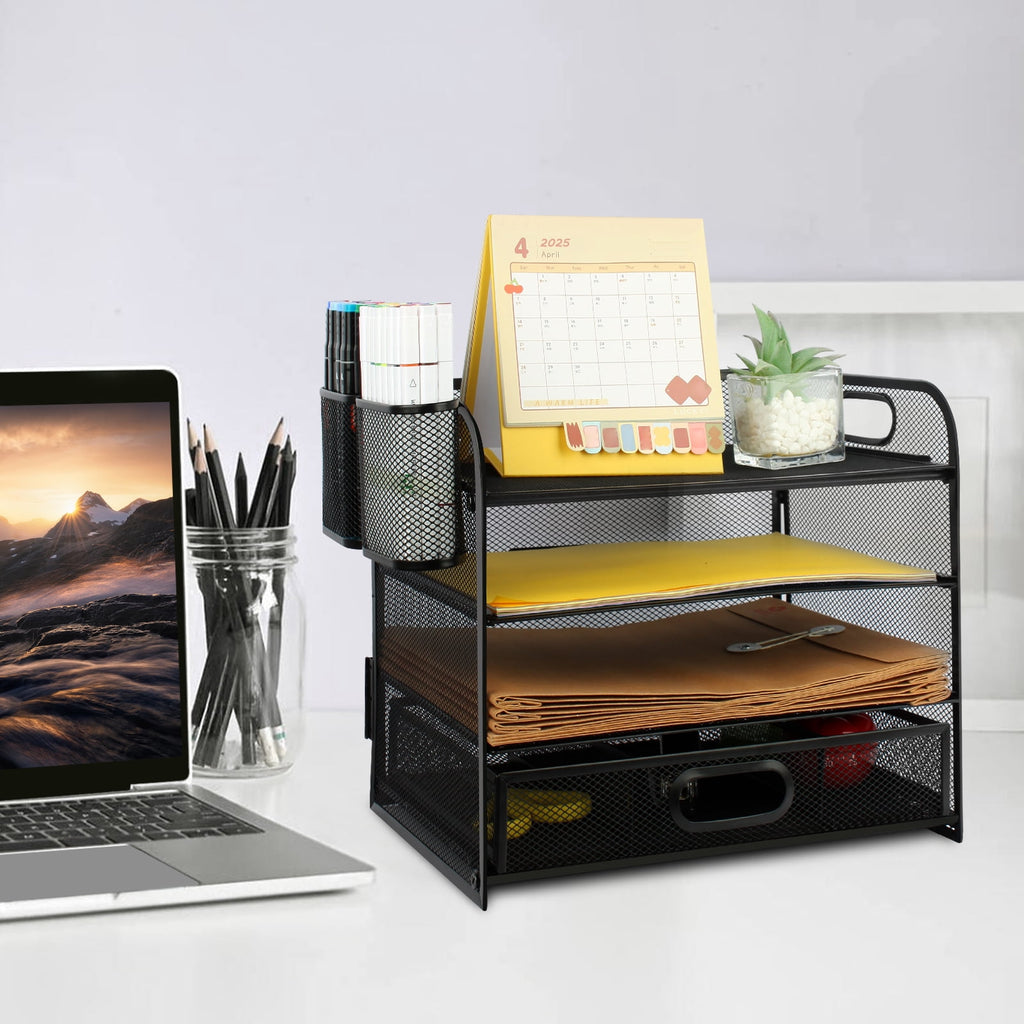 PHANCIR 4-Tier Desk Organizer, New Office Supplies, Metal Desktop File Organizer & Storage with Pull-out Drawer, 1 Pack - Image 5