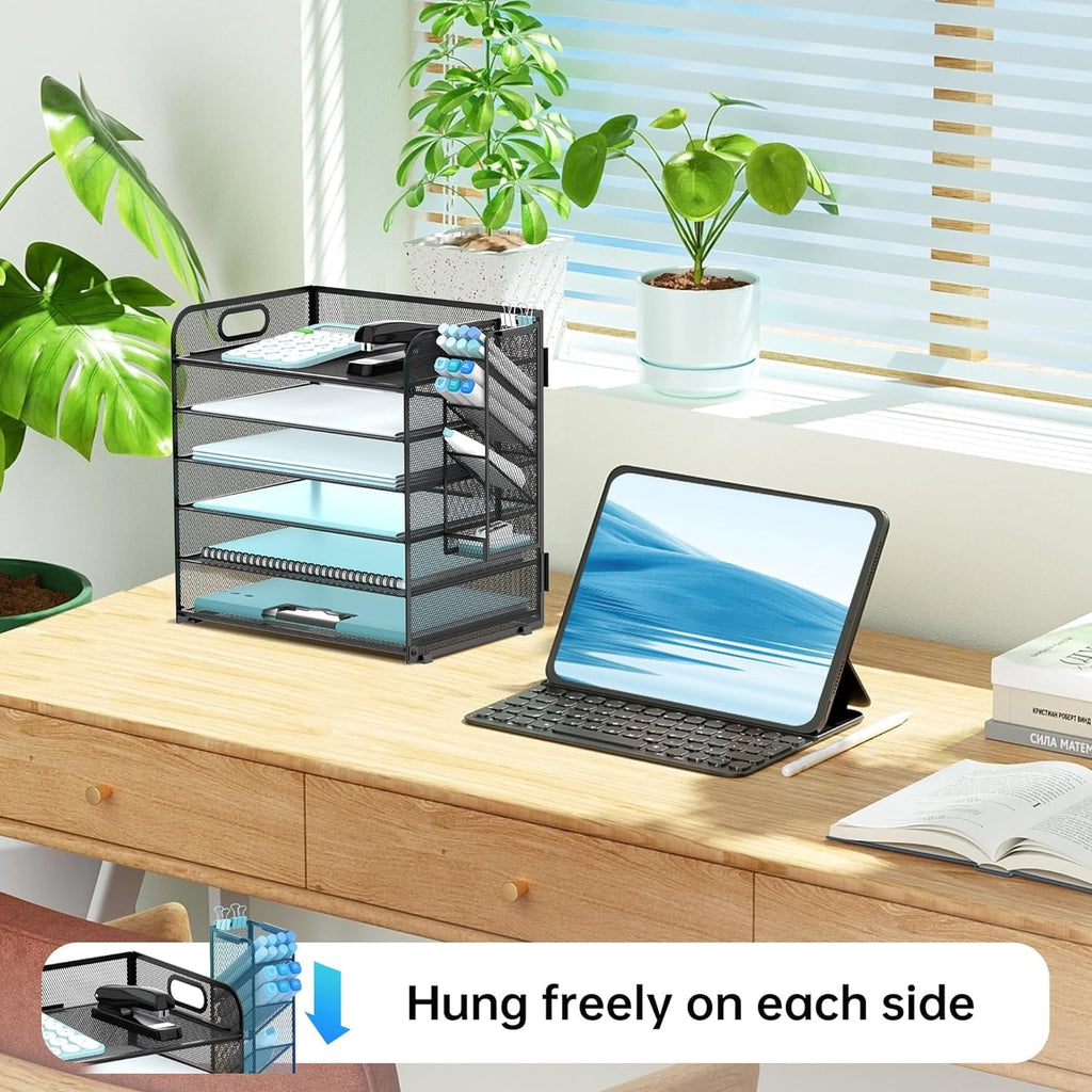 6 Tier Paper Organizer with 4 Pen Holders, Metal Mesh Desk Organizer Letter Tray with Handle, Black - Image 6