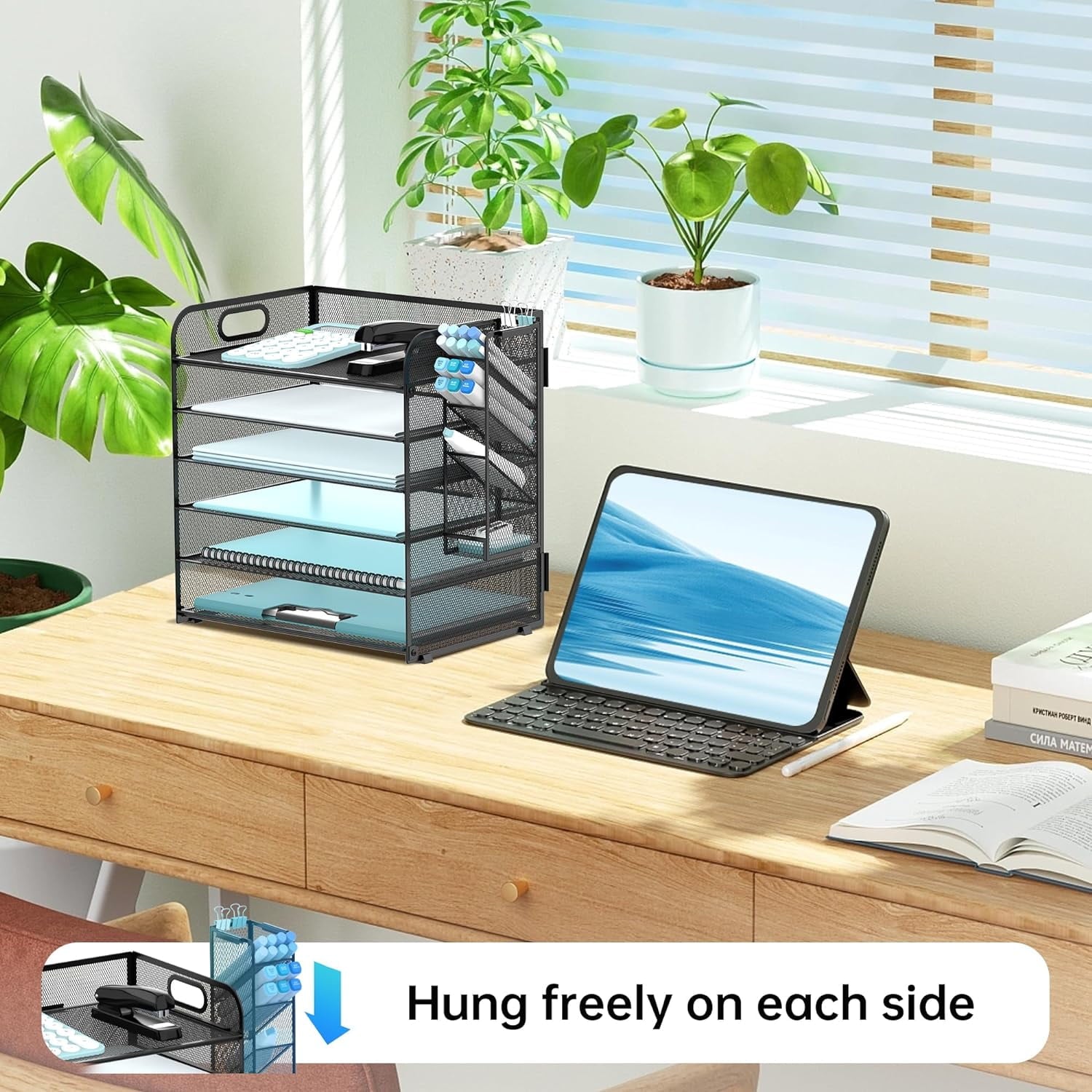 6 Tier Paper Organizer with 4 Pen Holders, Metal Mesh Desk Organizer Letter Tray with Handle, Black - Image 6