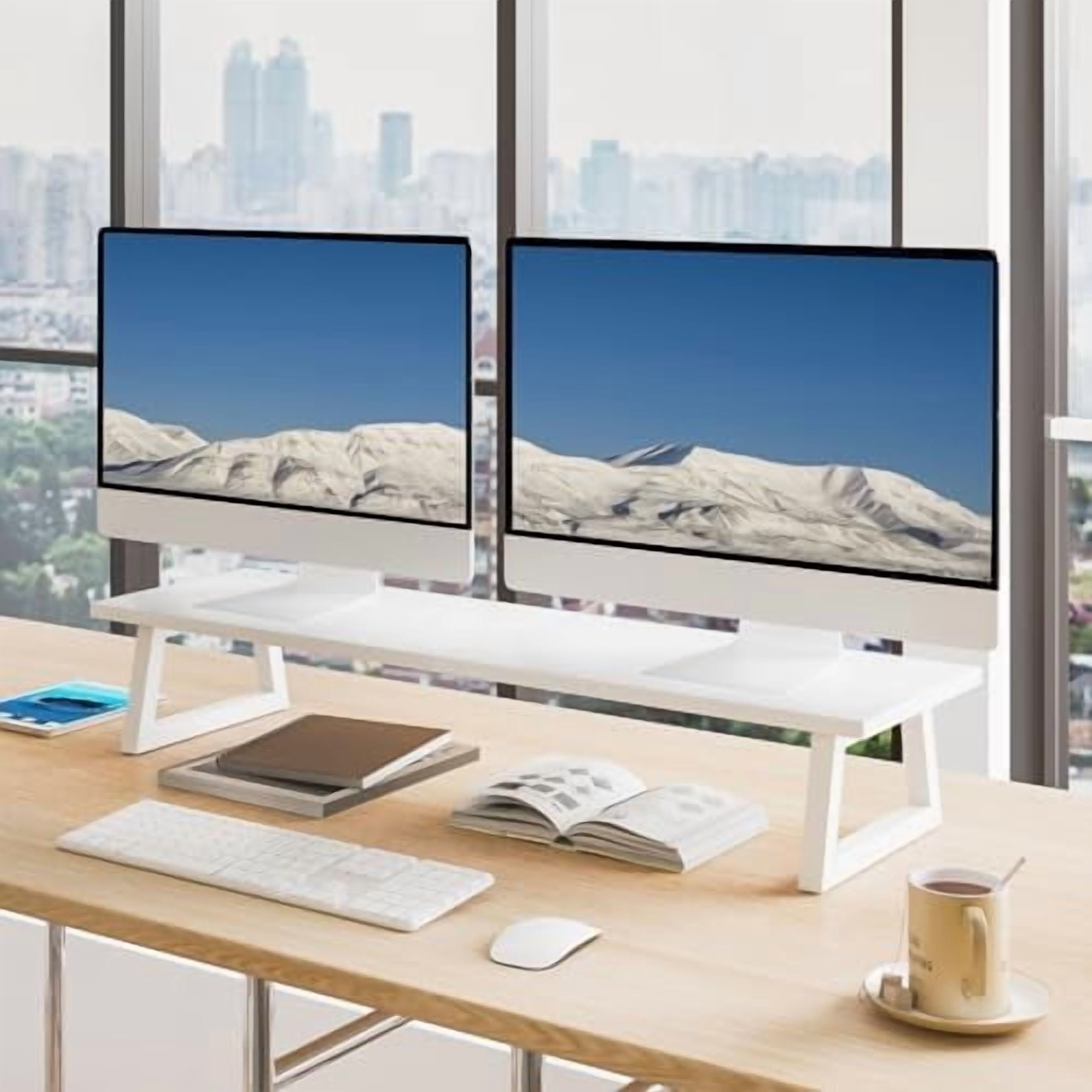 White Dual Monitor Riser - 31.5 inch Wide TV Stand for 2 Monitors - Wood & Steel Desktop Riser for Dual Screen Office Desk Organization - Image 3