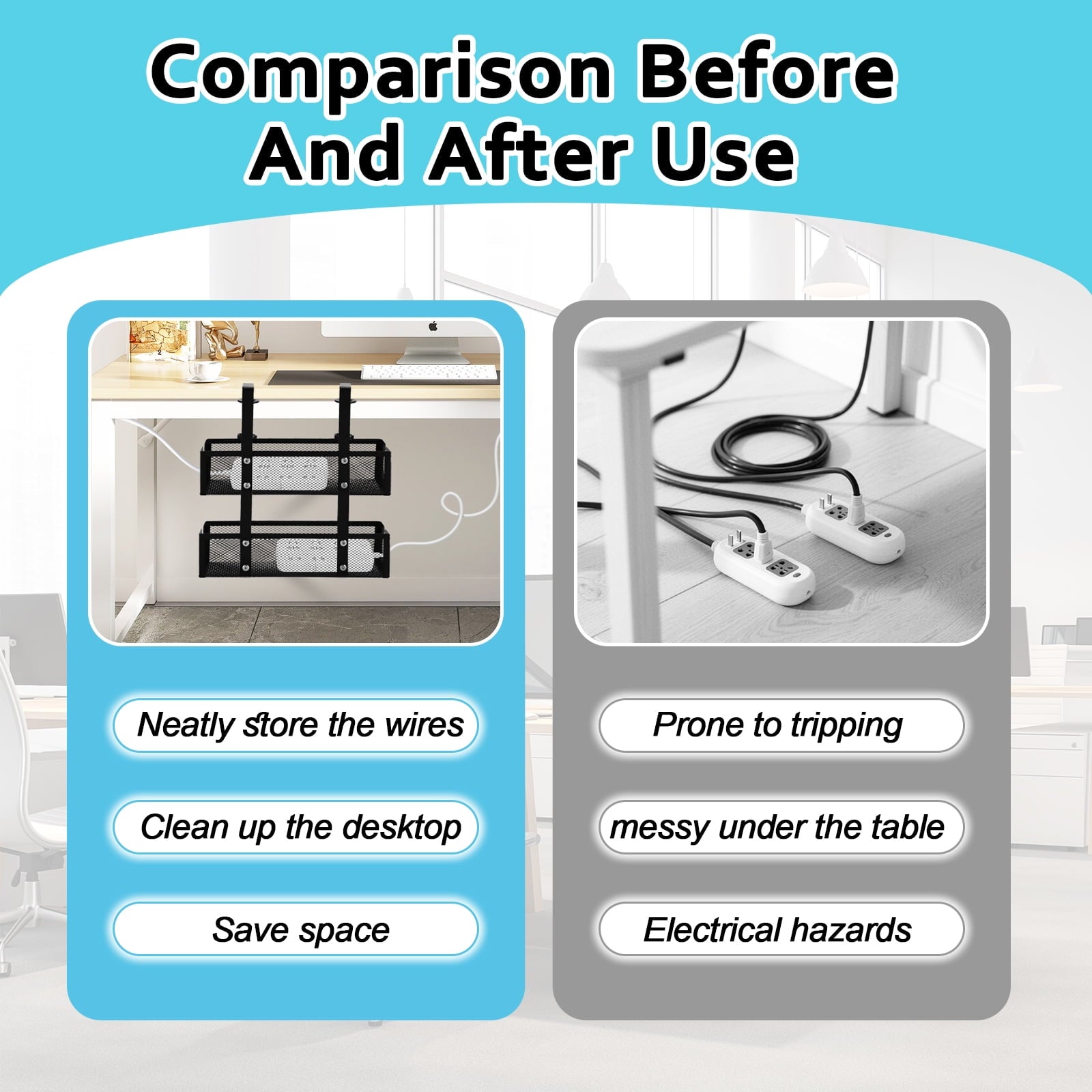 FT Hita 2 Layer Under Desk Cable Management Trays Black No Drill Cable Management Box With Clamp Cord Organizer for Office, Home,Gaming Desk - Image 5