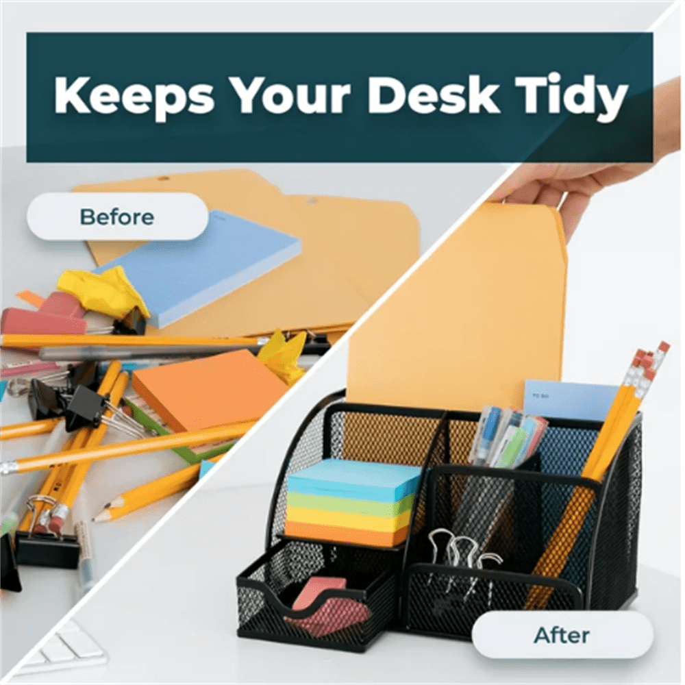 ZOUYUE Mesh Office Supplies Desk Organizer Caddy, 6 Compartments, Black - Image 4
