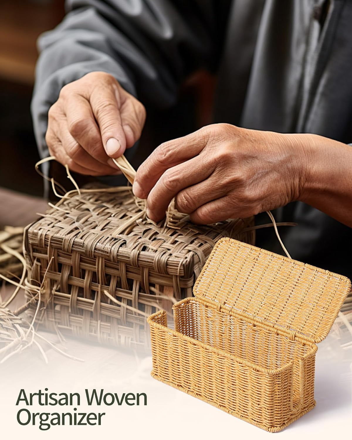 Cable Management Box, Handwoven Rattan Style Cord Organizer Box for Power Strips - Image 3