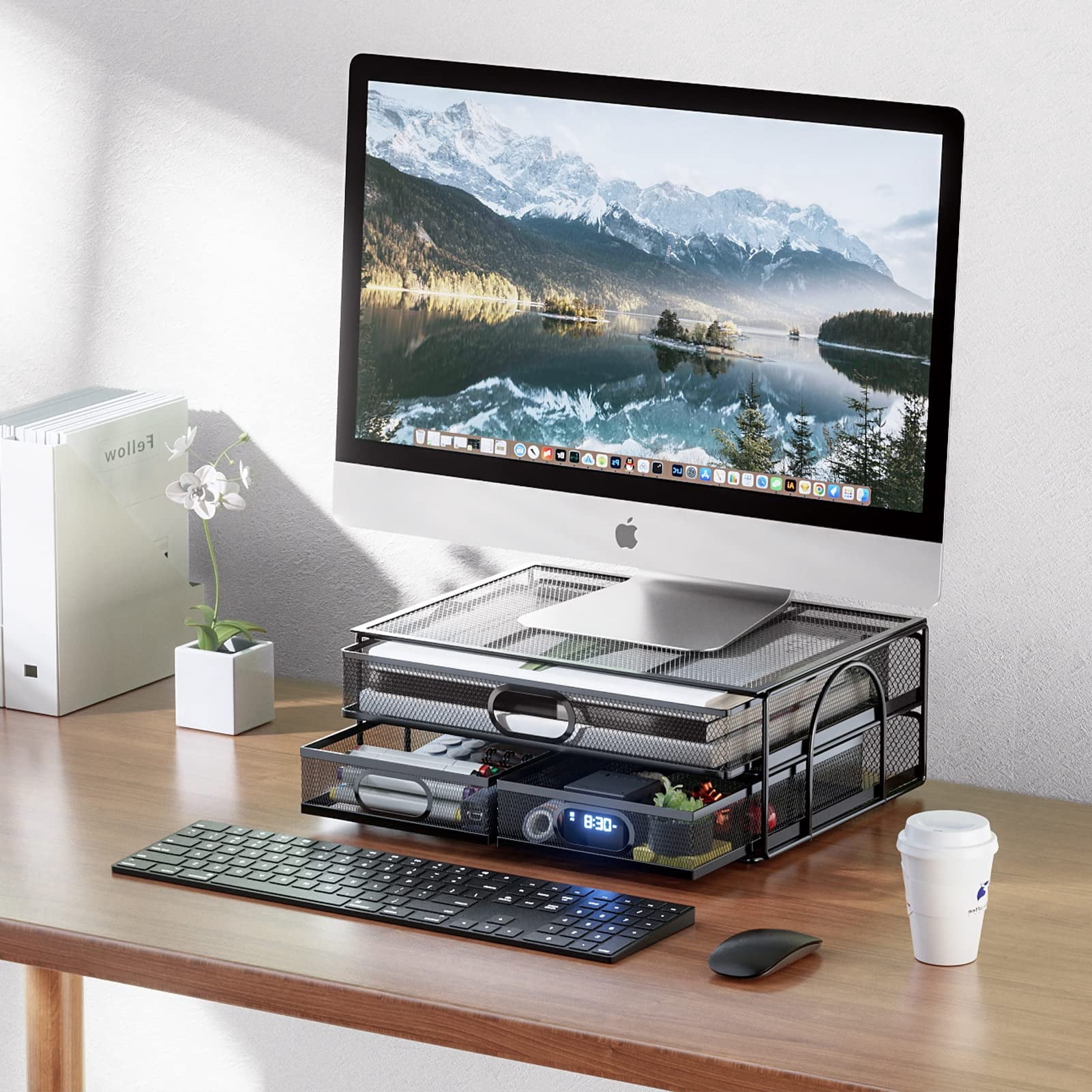 Monitor Stand with Drawer, Monitor Stand, Metal Mesh Desk Organizer with Three Pull Out Storage Drawers - Image 3