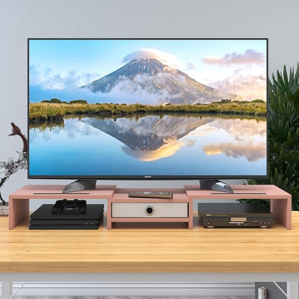 Dual 3 Shelf Computer Riser with Drawer, Adjustable Length and Angle, Desktop 2 Monitor Stand Storage Organizer - Image 3