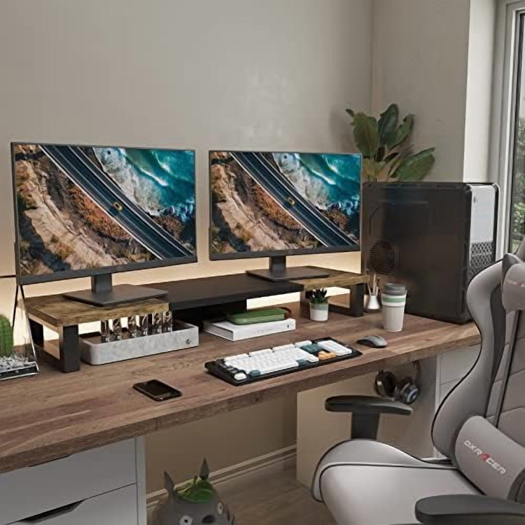 Dual Monitor Stand Riser, Wood and Steel Multi-Purpose Desktop Storage Stand for 2 Monitors for Computer, Laptop, Pri... - Image 4