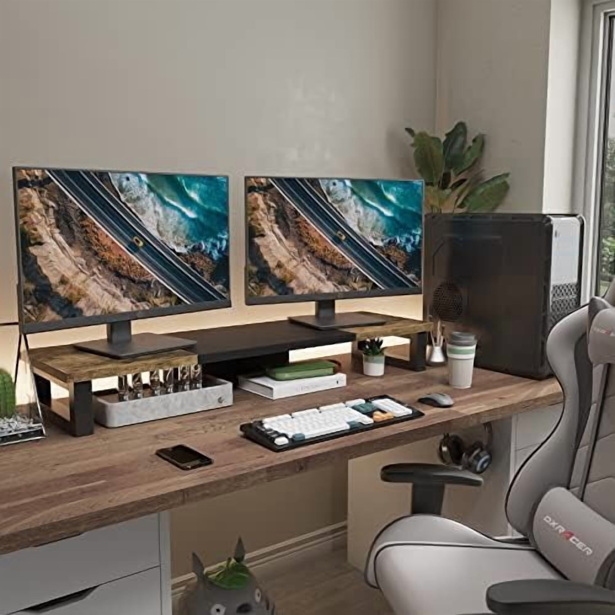Dual Monitor Stand Riser, Wood and Steel Multi-Purpose Desktop Storage Stand for 2 Monitors for Computer, Laptop, Pri... - Image 4