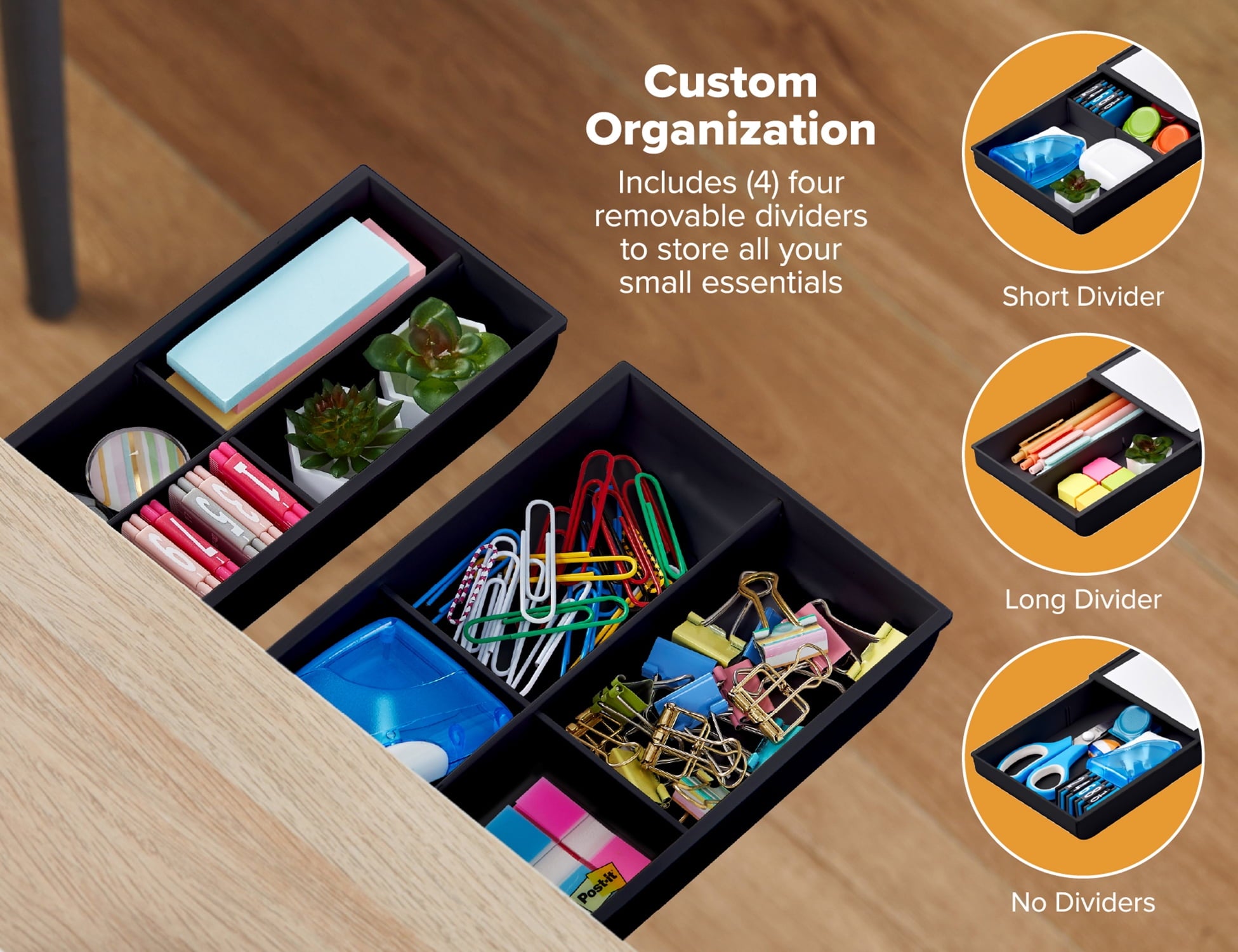 Desk Drawer for Organization, Self-Adhesive Organizer, Desk Storage, Black, Pack of 2 - Image 2