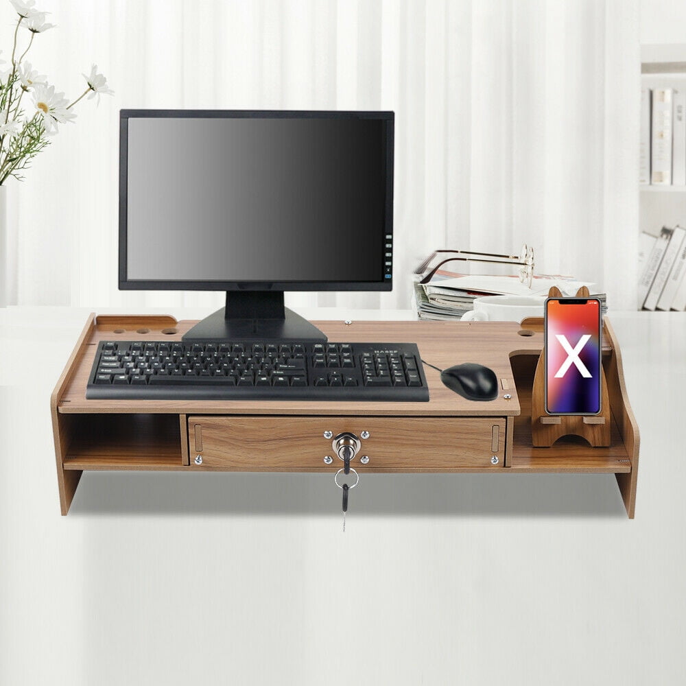 Loyalheartdy Computer Monitor Riser Stand Cherry Wood Color Density Board Laptop Shelf W/ Lockable Drawer for Home, Office - Image 3