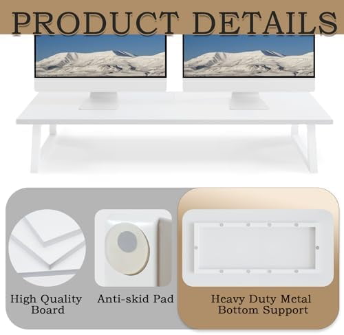 White Dual Monitor Riser - 31.5 inch Wide TV Stand for 2 Monitors - Wood & Steel Desktop Riser for Dual Screen Office Desk Organization - Image 5