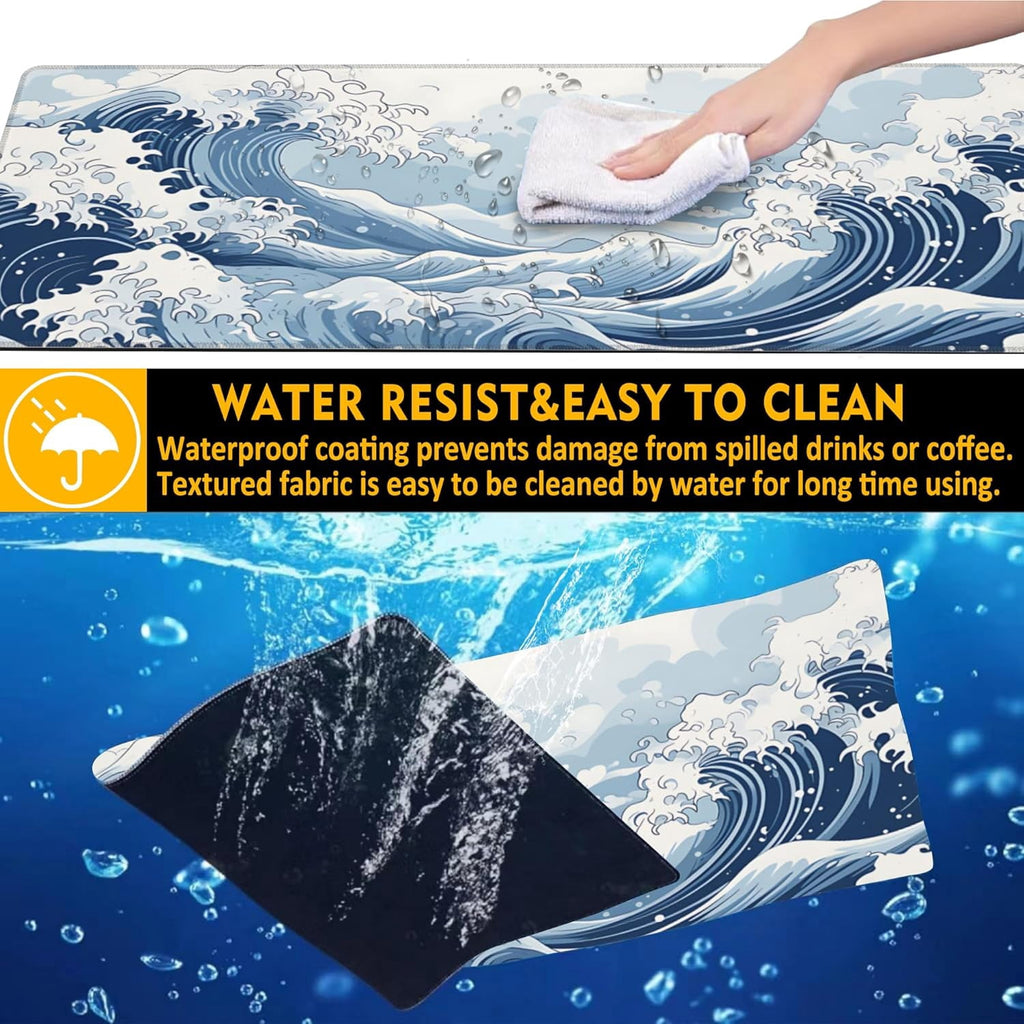 Mountain Gaming Mouse Pad,Japanese Blue and White Sea Wave Desk Mat,31.5"X15.7" Large Desk Pad with Stitched Edge Non... - Image 4