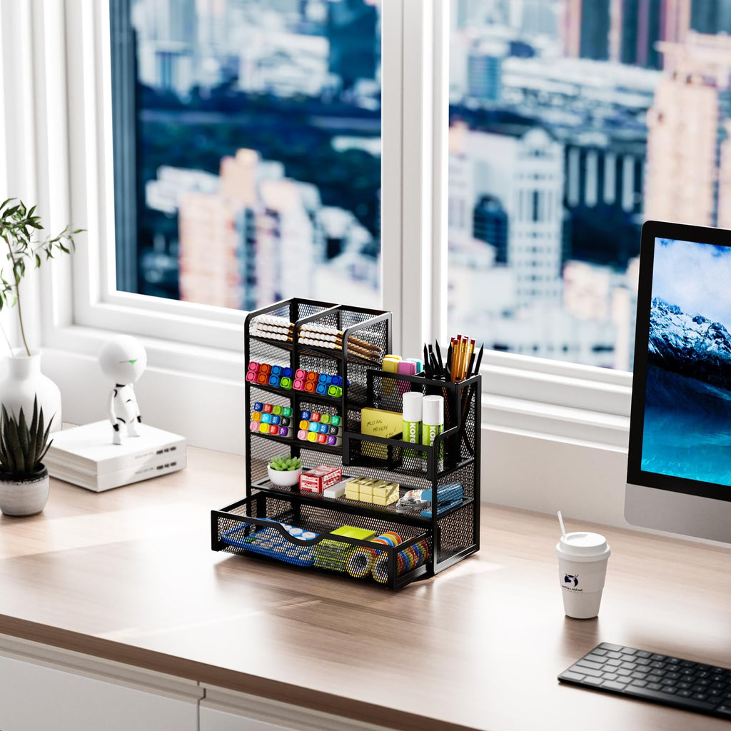Holder for Desk, Desk Organizer with Drawer, Multi-Functional cil Organizer, Accessories for Office Art Supplies (Black) - Image 4