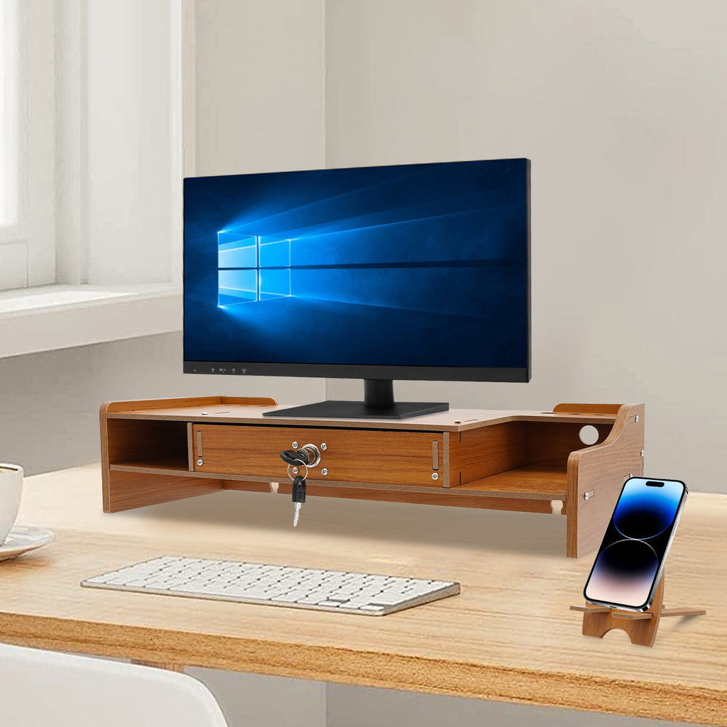 Dwellnix Wooden Monitor Riser Rack w Drawer Computer Laptop PC Stand Desk Organizer - Image 3