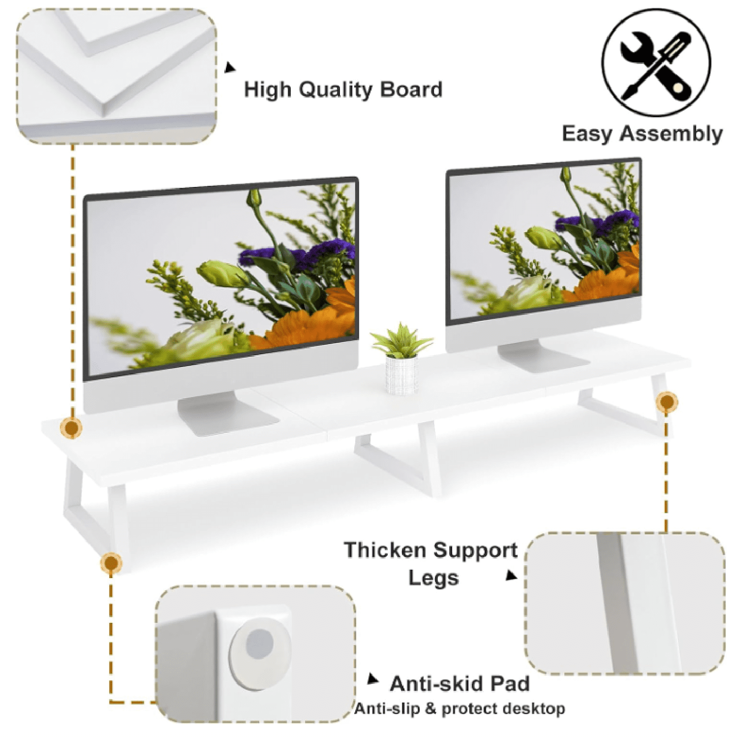 White Dual Monitor Riser for 2 Monitors-42inch, Wood Desktop Dual Stand with Metal Legs, Long Screen/PC/Laptop Storag... - Image 3