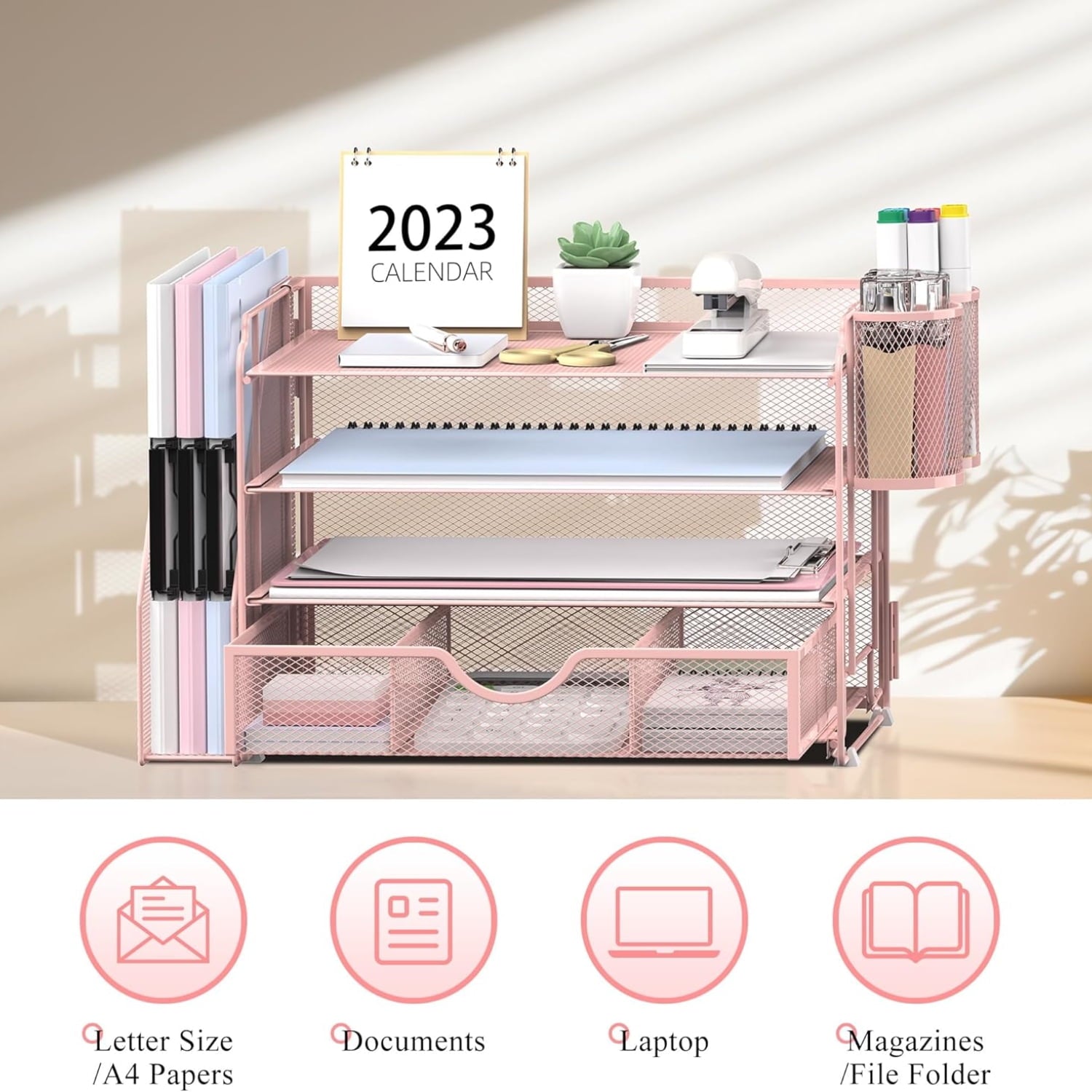 INTIGE 4-Tier Metal Desk Organizer with File Holder, 1 Drawer, 2 Pen Holders, Paper Organizer, Pink - Image 3