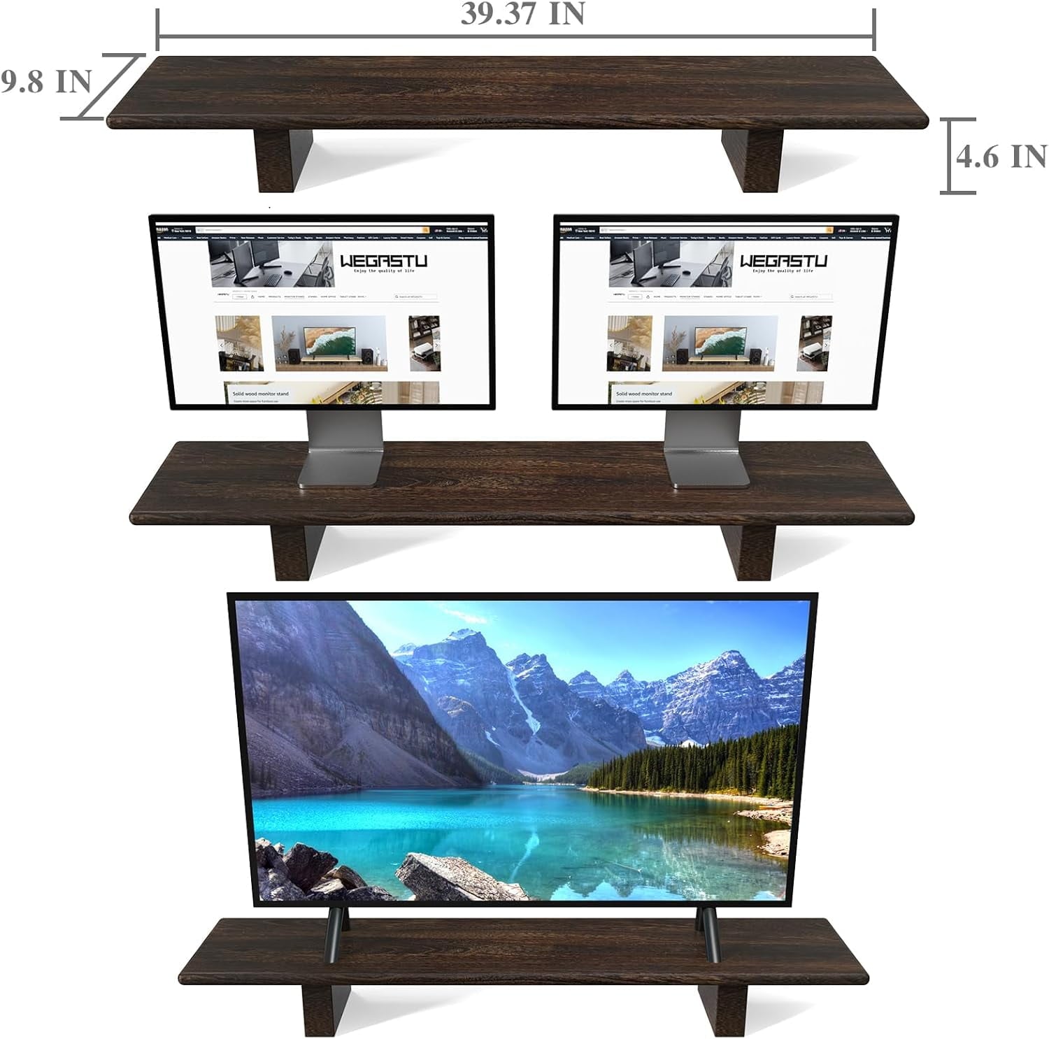 Solid Wood Monitor Stand with Storage - Rustic Dual Riser for Laptop TV PC Office Desk Organizer - Image 2