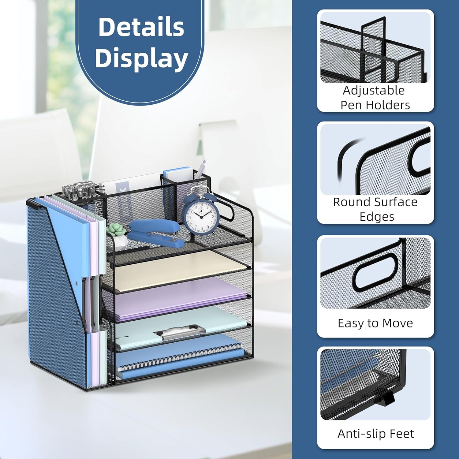5-Tier Metal Desk File Organizer with Handle, Pen Holders and File Rack, Office supplies, Black, 1 Piece - Image 2