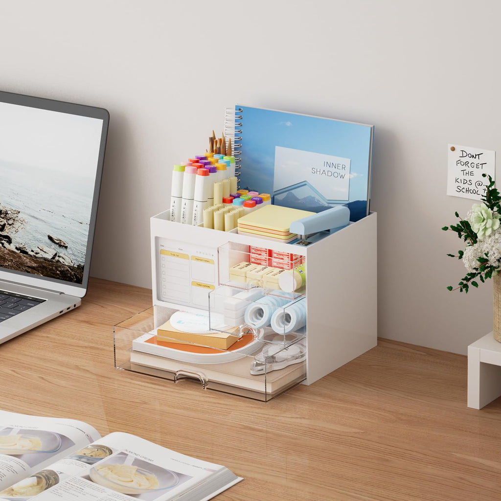 with 3 Drawer， s and Accessories with 4 Compartments，Multi-Functional Pencil Pen Holder for ,1 pack - Image 2