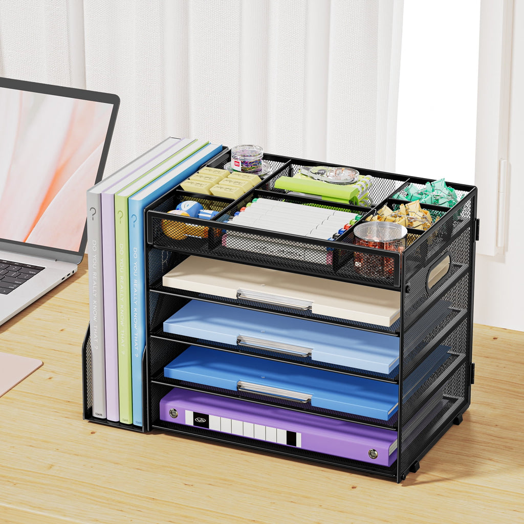 Marbrasse Multi-Functional Desk Organizer Tray,5 Tier Paper Letter Tray Organizer with File Holder,Mesh File Storage with 8 Compartments - Image 4