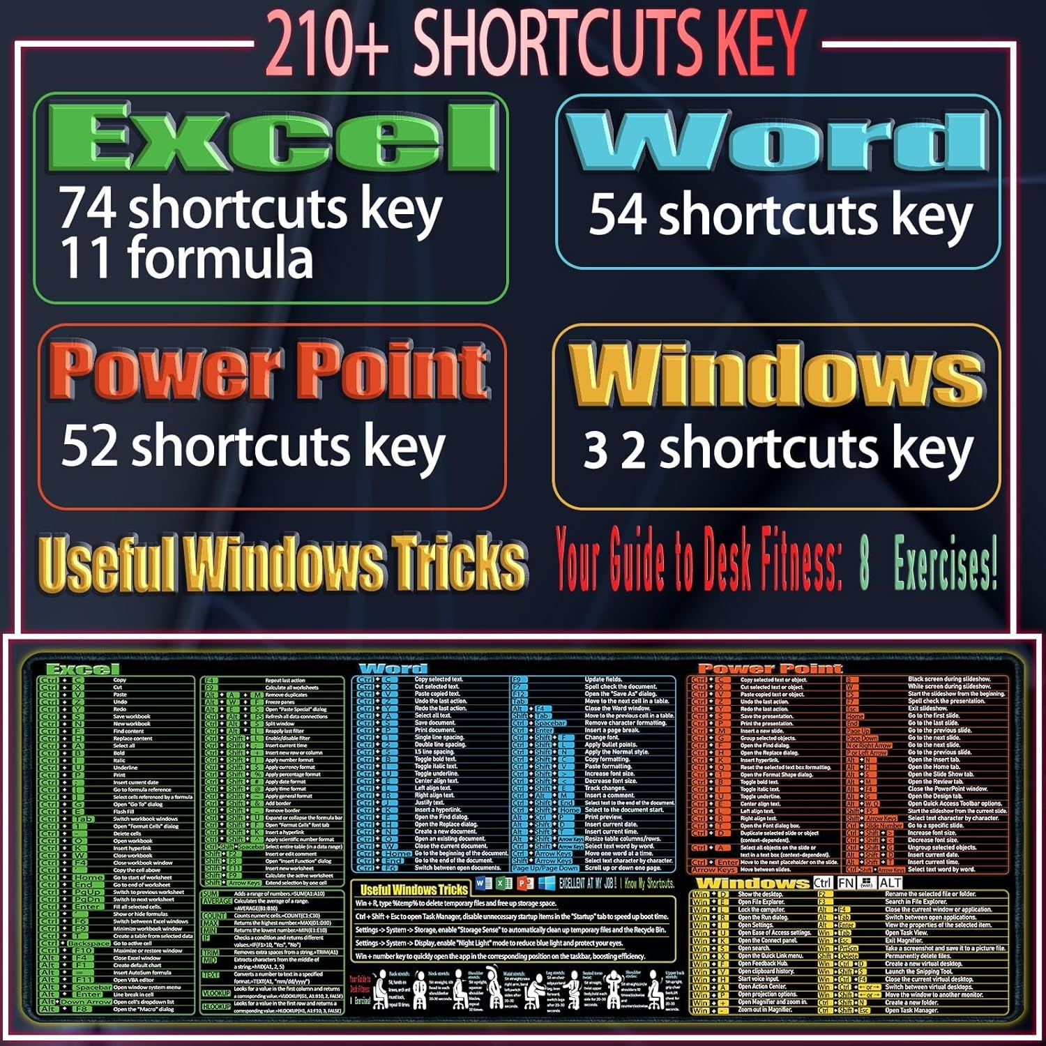 Excel/Word/Power Point/Windows Cheat Sheet Desk pad, Large Gaming Office pc Mouse pad,Keyboard Shortcuts Mouse pad,No... - Image 3