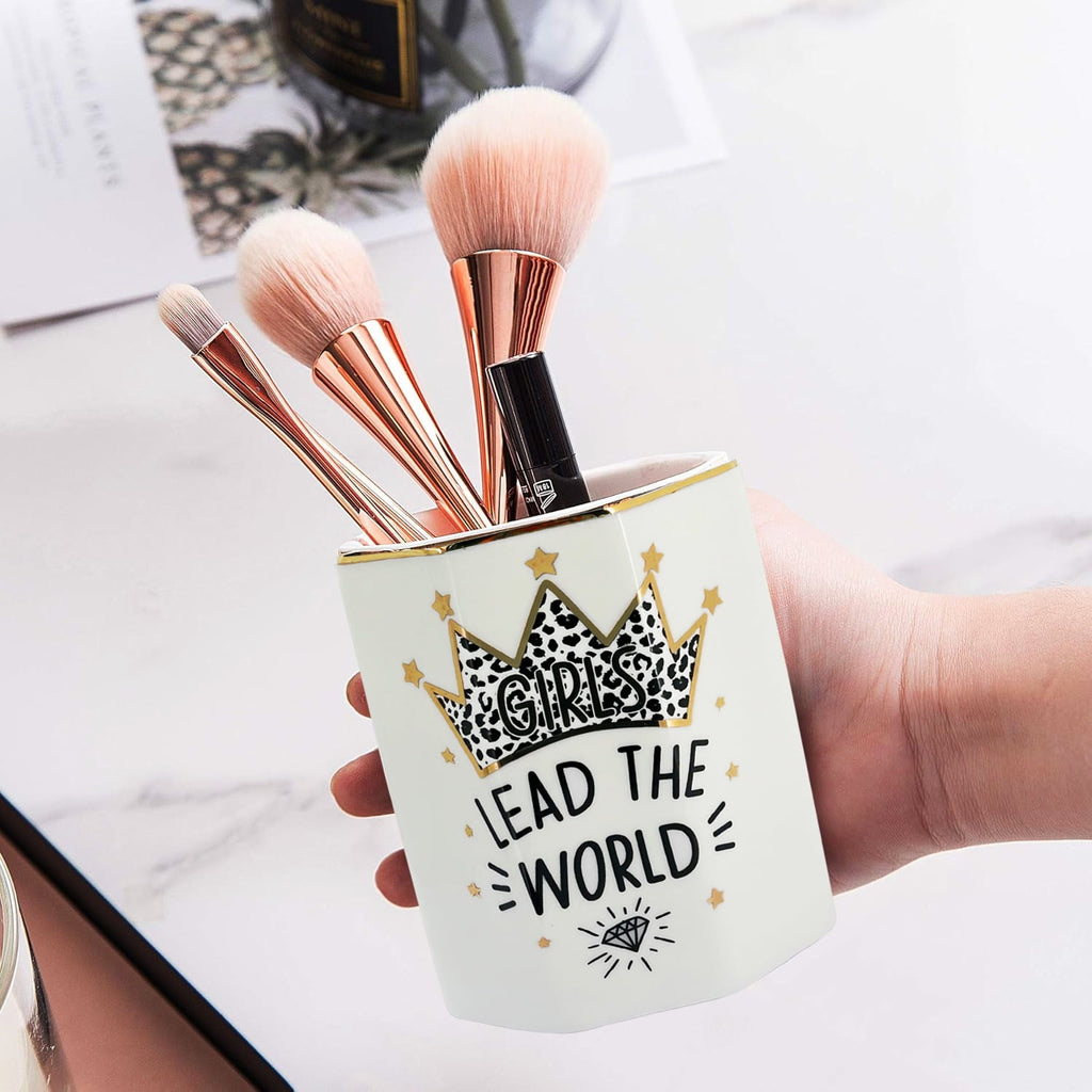 Shiny Ceramic Pen Holder Stand Cup Pencil Organizer Makeup Brush Holders for Home Office Desk Gold Crown - Image 4