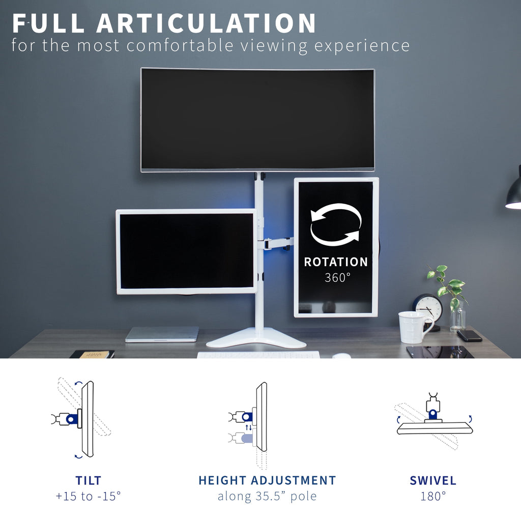 VIVO White Triple Monitor Desk Stand, Adjustable Mount for 3 Screens up to 30" - Image 5