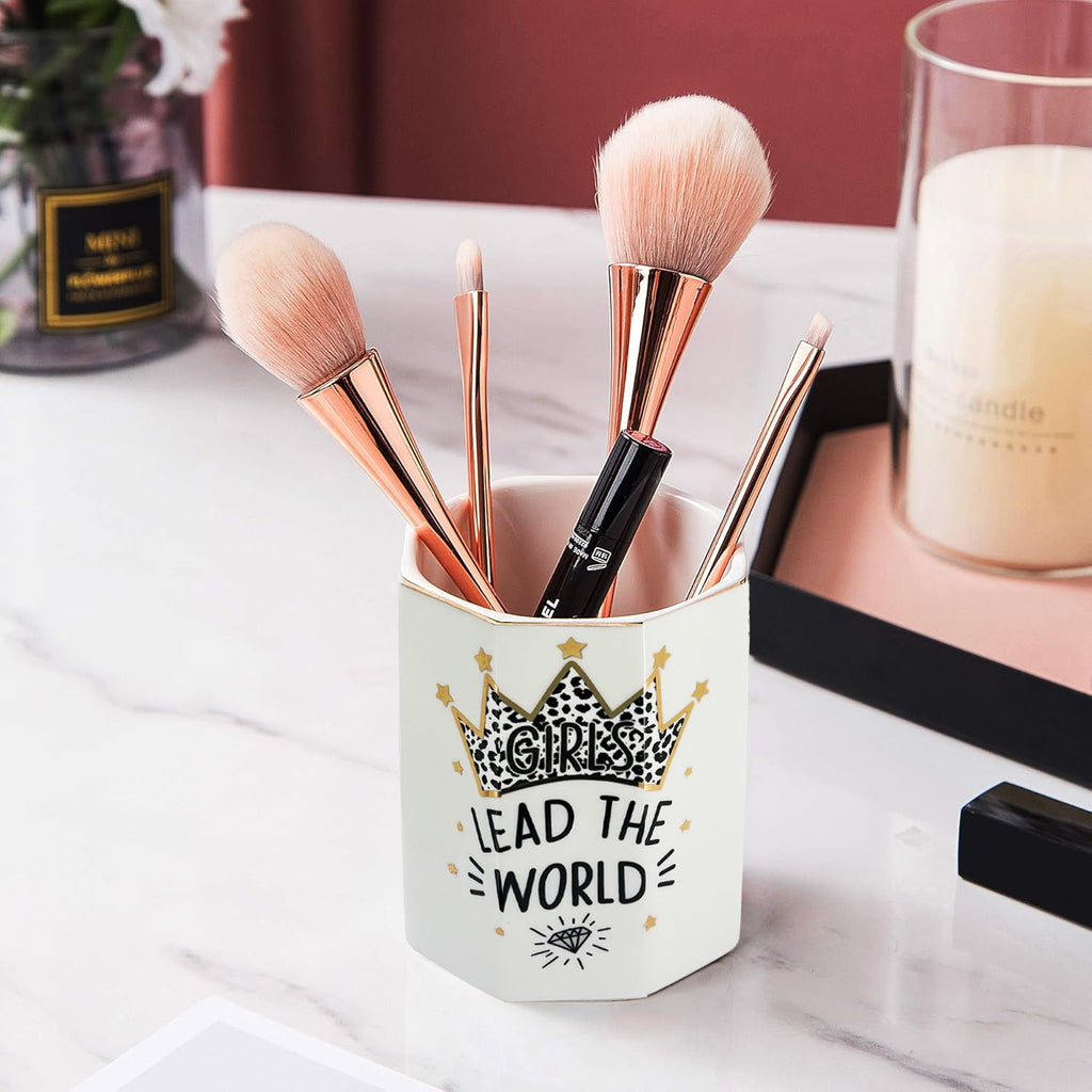 Shiny Ceramic Pen Holder Stand Cup Pencil Organizer Makeup Brush Holders for Home Office Desk Gold Crown - Image 3