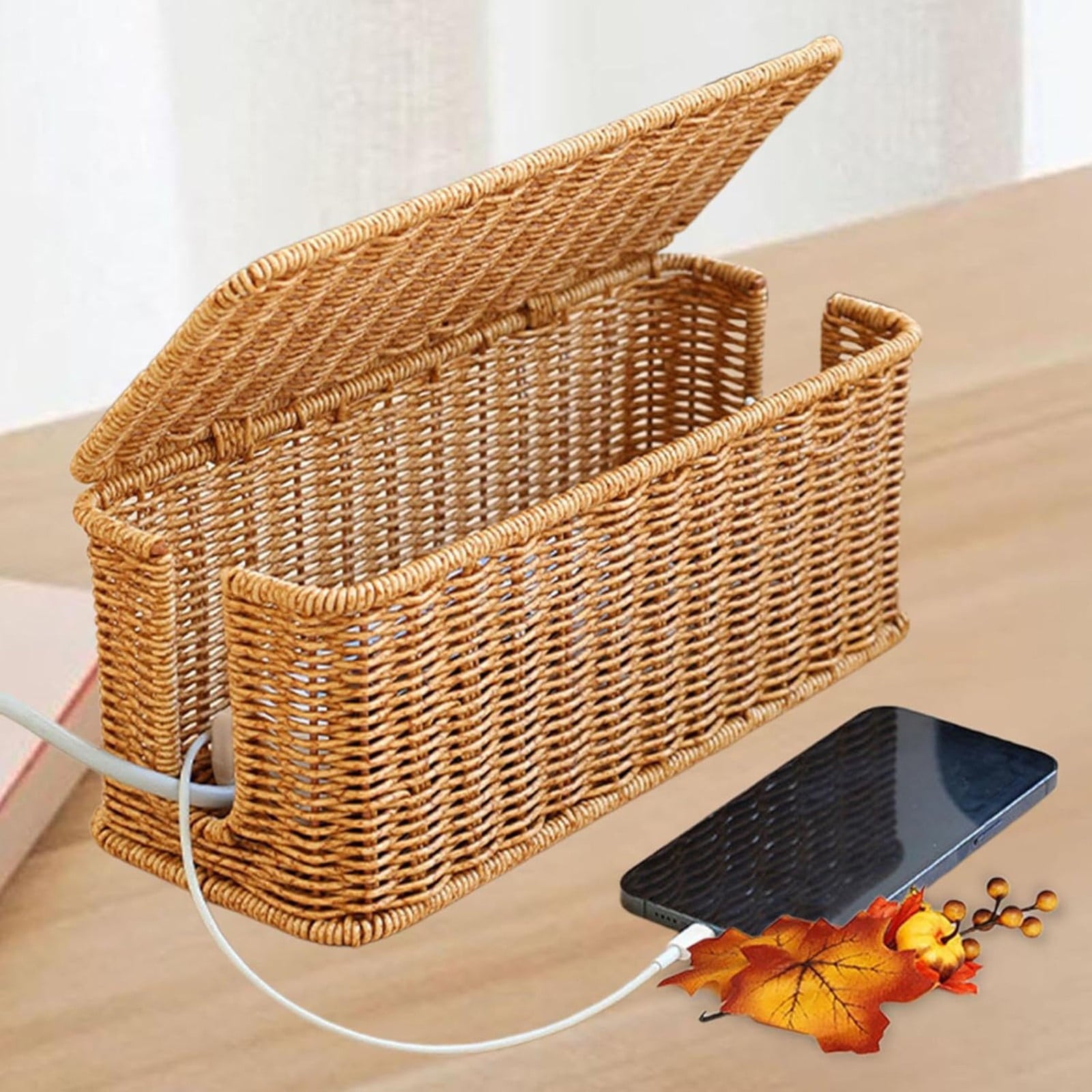 Socket Organizer， Large Cable Management Box Handwoven Imitation Rattan Organizer Box Decorative Box Cable Organizer Box for Desk Management - Image 5