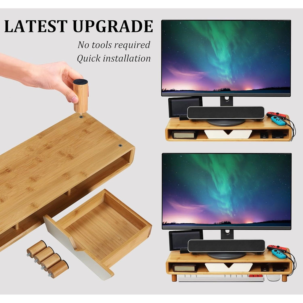 with Drawer, Exquisite Computer for Desk, Ergonomic Wood Riser for Computer,Laptop,Printer,TV,Bamboo,White - Image 3