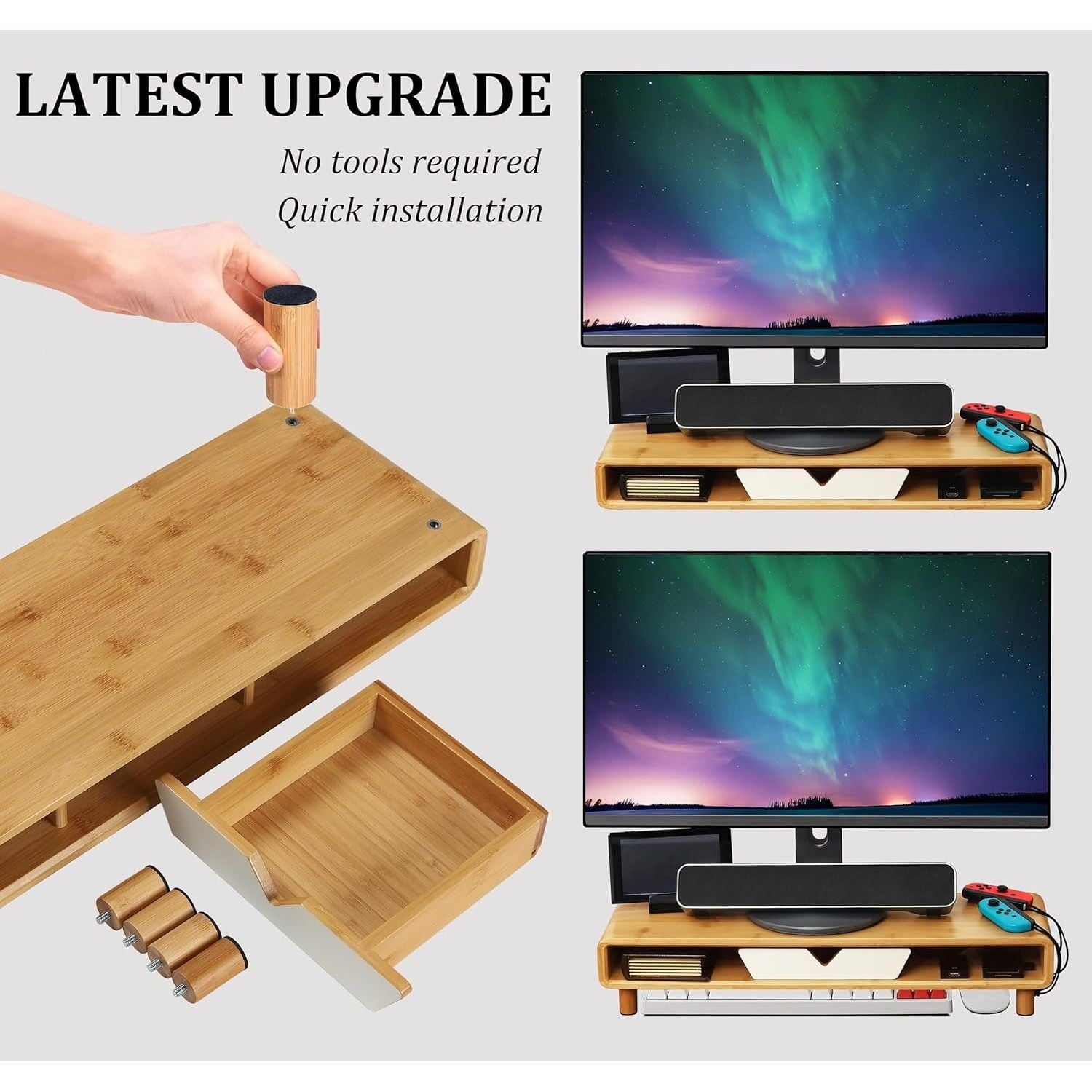 with Drawer, Exquisite Computer for Desk, Ergonomic Wood Riser for Computer,Laptop,Printer,TV,Bamboo,White - Image 3