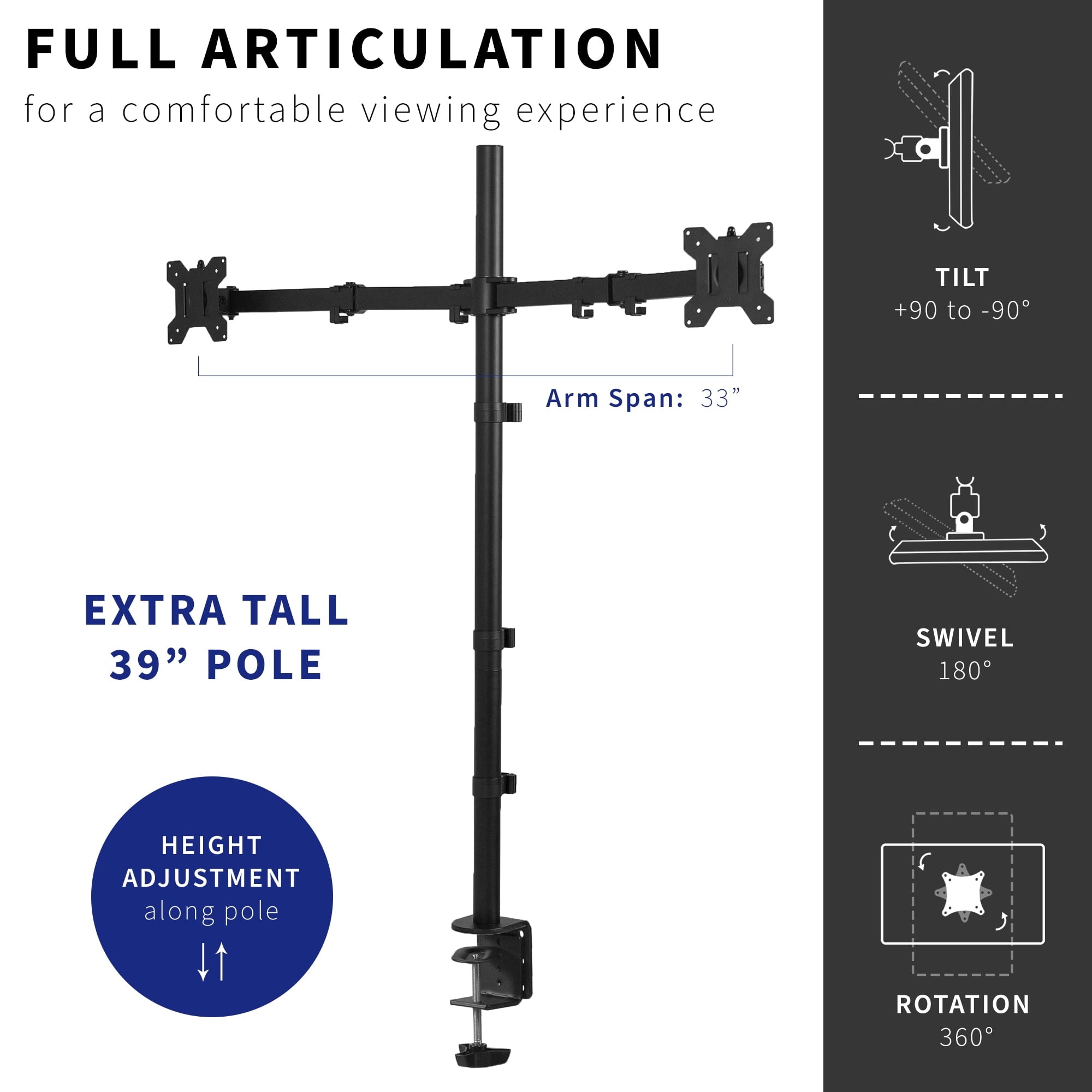VIVO Dual Monitor Desk Mount Extra Tall Adjustable Stand for up to 32" Screens - Image 3