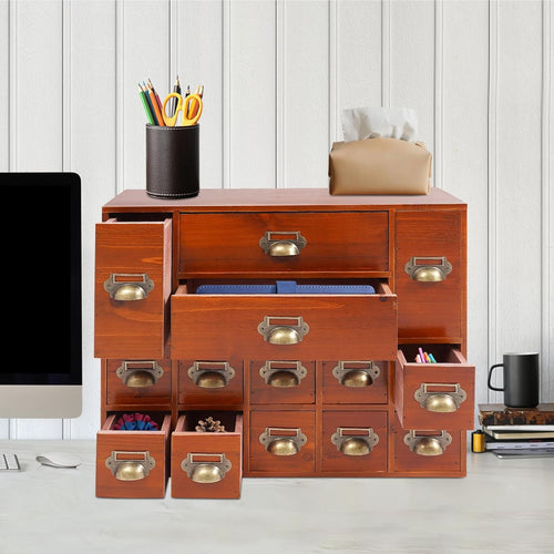 4 Desk Organizer with 14 Drawers, Wooden Apothecary Cabinet Desktop Storage Cabinet with Label Boxes, Makeup Organize... - Image 2