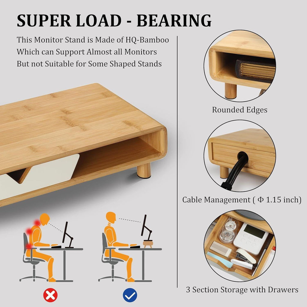 with Drawer, Exquisite Computer for Desk, Ergonomic Wood Riser for Computer,Laptop,Printer,TV,Bamboo,White - Image 5