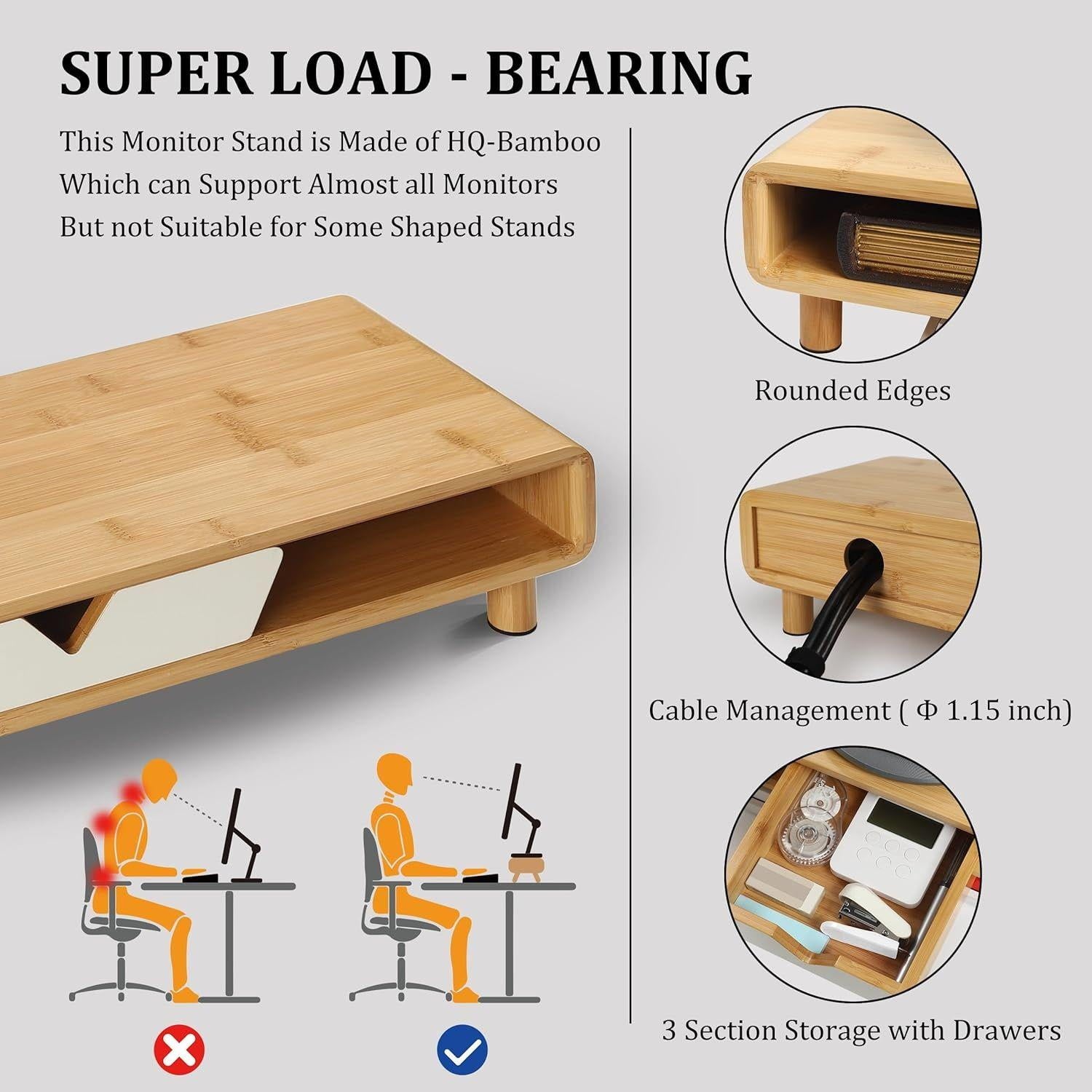 with Drawer, Exquisite Computer for Desk, Ergonomic Wood Riser for Computer,Laptop,Printer,TV,Bamboo,White - Image 5