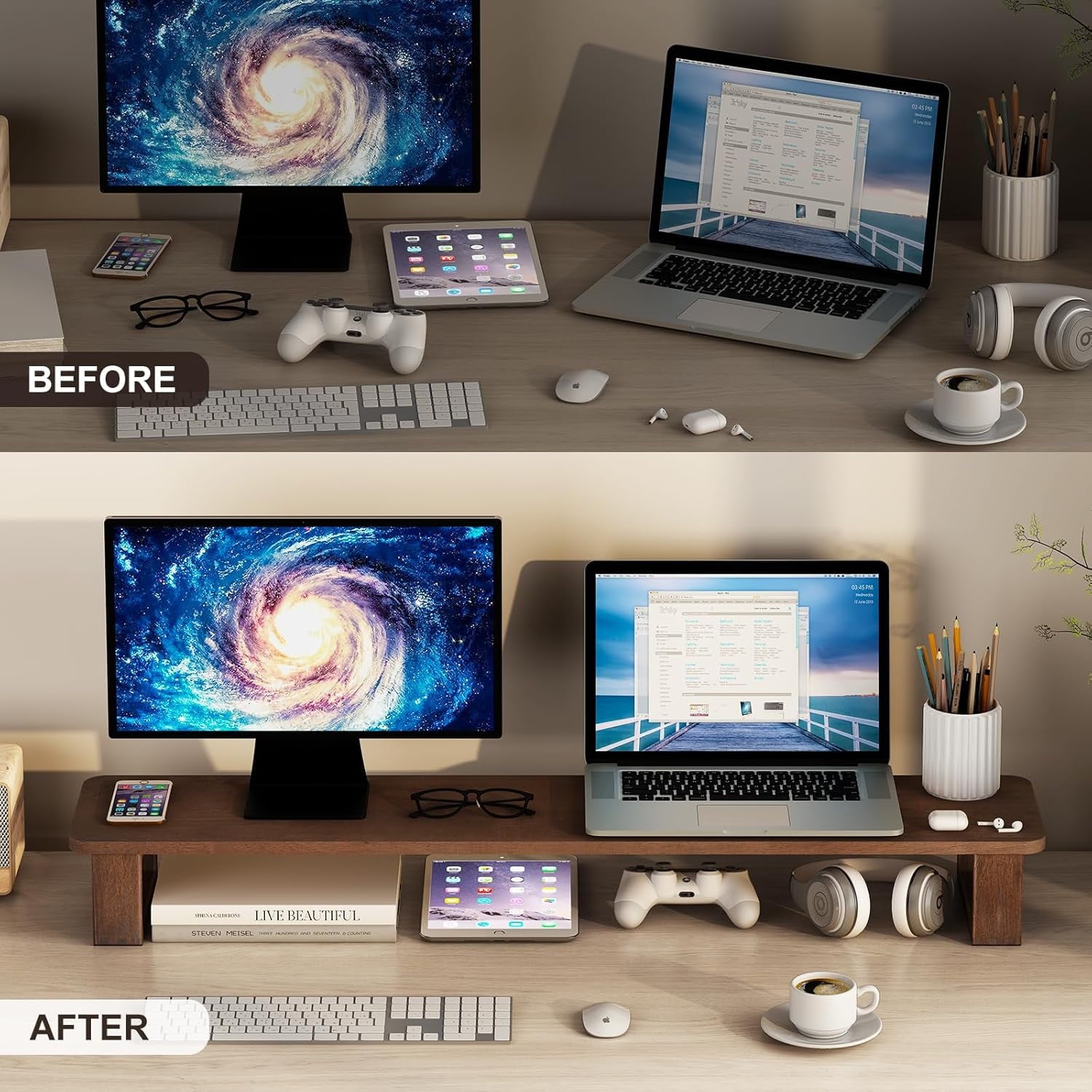 Dual Monitor Stand Riser 2 Heights Adjustable Wood Computer Monitor Stand Desktop Organizer, Large Monitor Stand for 2 Monitors, Laptop, TV, - Image 2