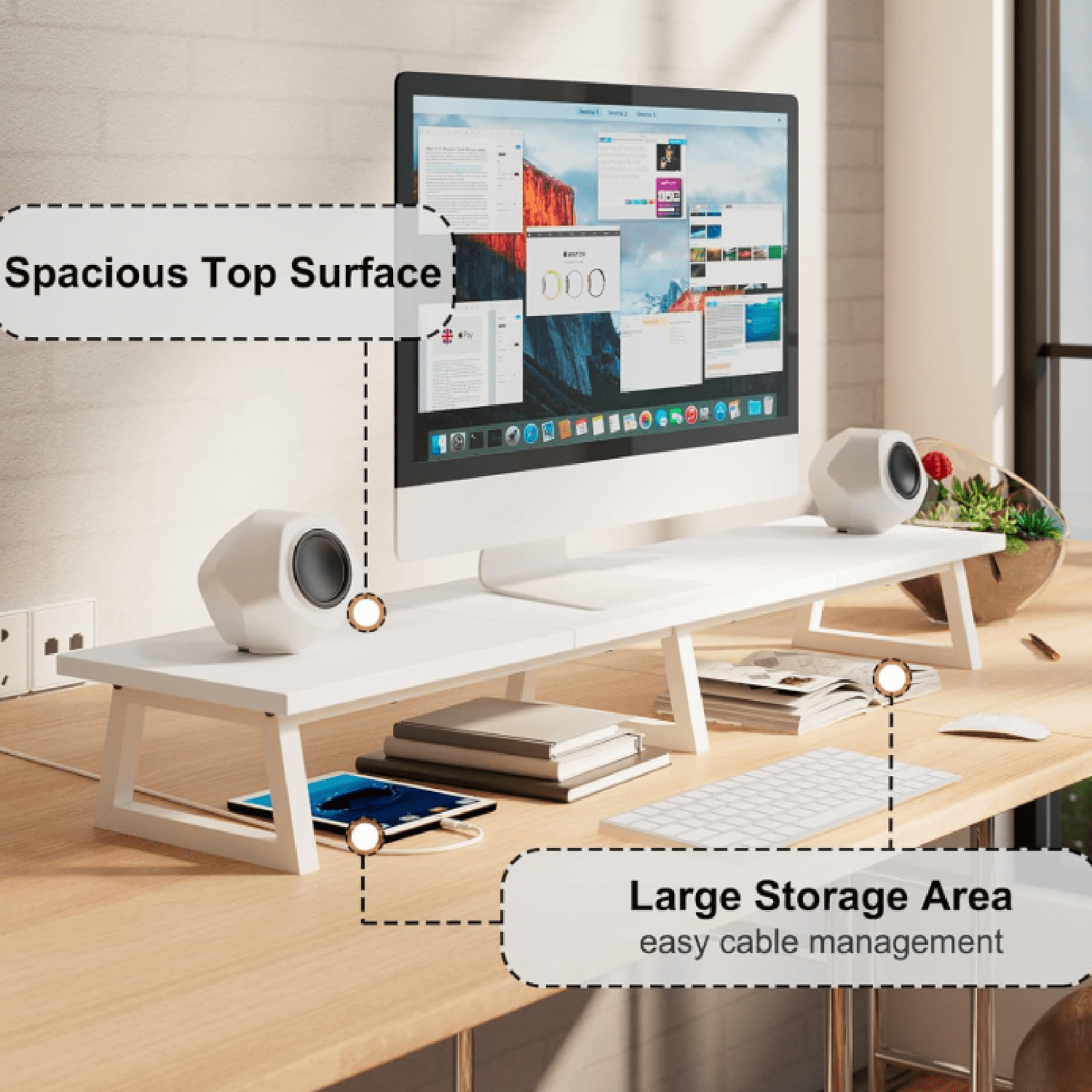 White Dual Monitor Riser for 2 Monitors-42inch, Wood Desktop Dual Stand with Metal Legs, Long Screen/PC/Laptop Storag... - Image 2