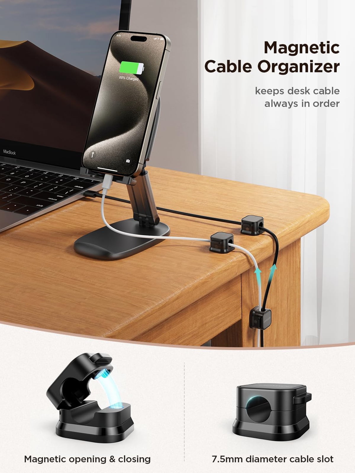 Cord Organizer- Mini Cable Clips, Magnetic Cord Organizer For Home Office, Desk, Telephone, Car, Wall, Desktop, Bedside Table (6pcs) - Image 3