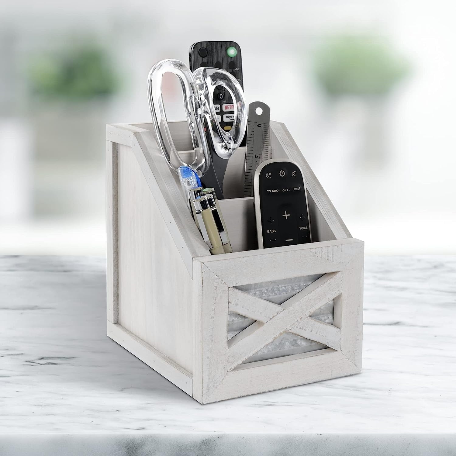 Rustic Remote Holder - Farmhouse Desk Organizer, Barn Door Remote Holder, Desktop Organizer - 3-Slot Multiple Compart... - Image 2
