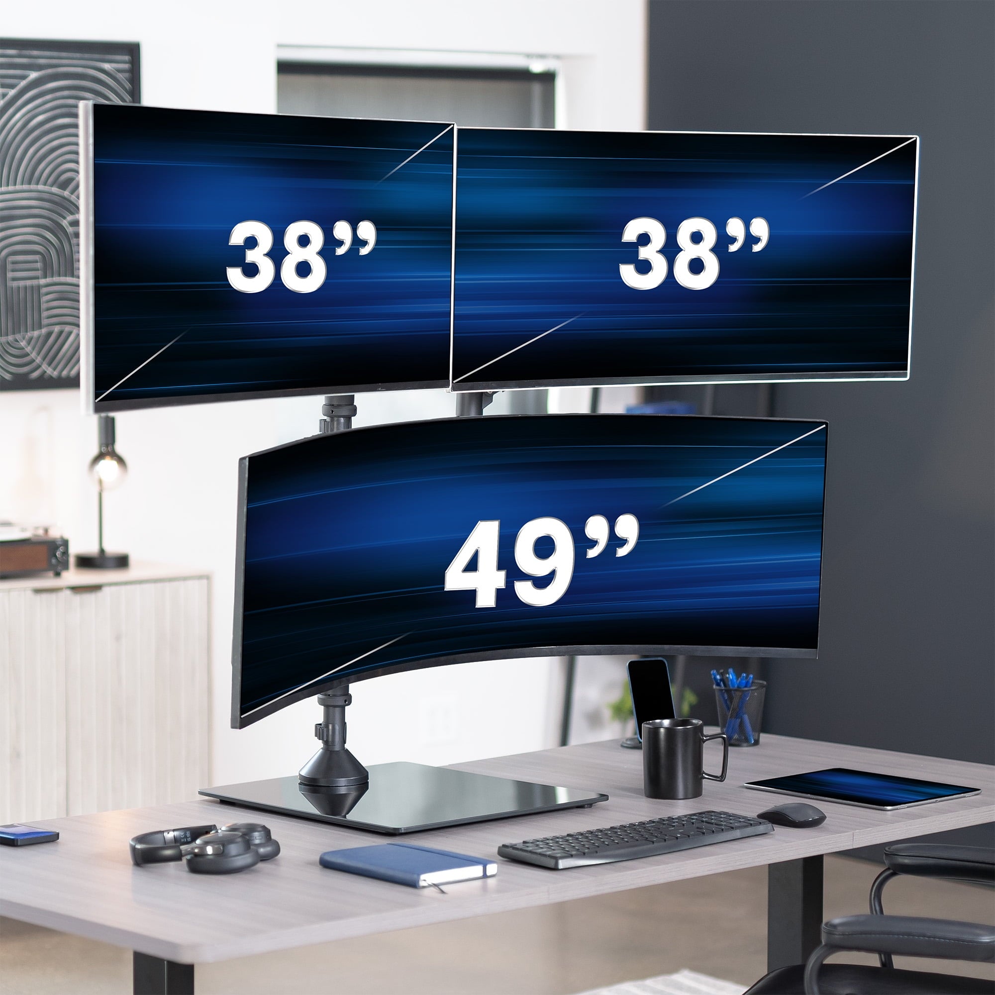 Pneumatic Triple Ultrawide Monitor Desk Stand, Up to 49 inch Computer Screens - Image 2
