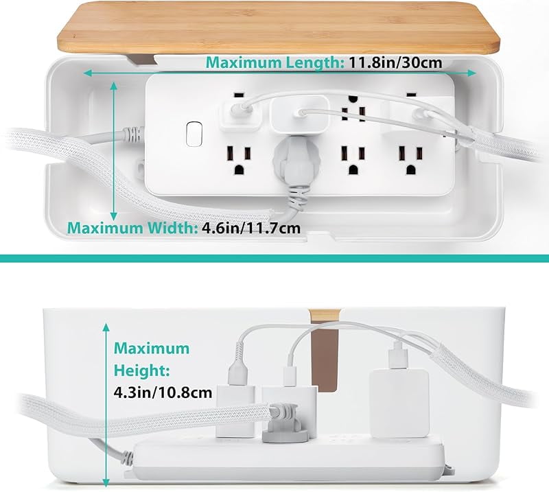 Cable Management Box with Bamboo Lid, White Cable Box Small Cord Hider Box Cord Organizer Box to Conceal Surge Protec... - Image 2