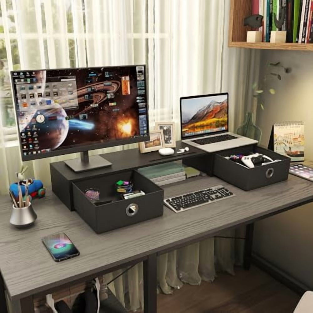 Dual Monitor Stand Riser with Two Drawers, Extra Large Storage Monitor Stand for 2 Monitors, Desktop Oraganizer Stand... - Image 3