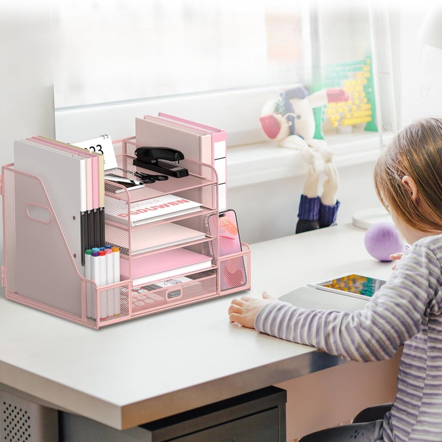 5-Tier Metal Mesh Desk Document Organizer with File Holder, Pen Holder and Drawer, Pink - Image 3