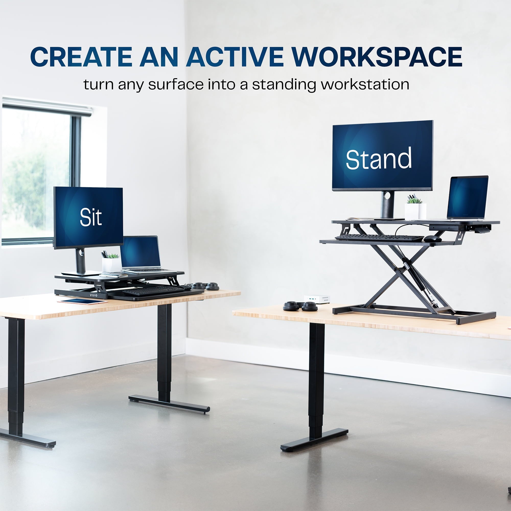 Black Height Adjustable 32" Standing Desk Monitor Riser, Sit Stand Tabletop - Image 2