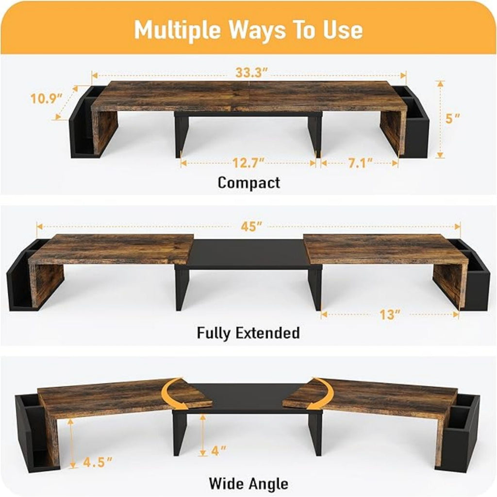 Desk Dual Monitor Stand Riser with Drawer, Rustic Brown - Image 4