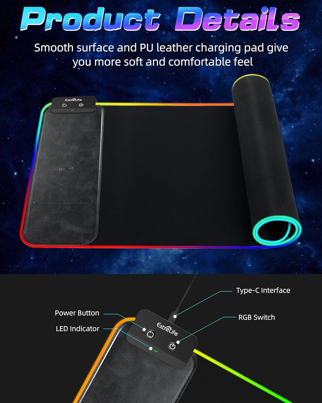 RGB Gaming Mouse Pad with Wireless Chargeing, LED Large Desk Mat, Ultra-Smooth Surface, Non-Slip Rubber Base, Waterpr... - Image 6