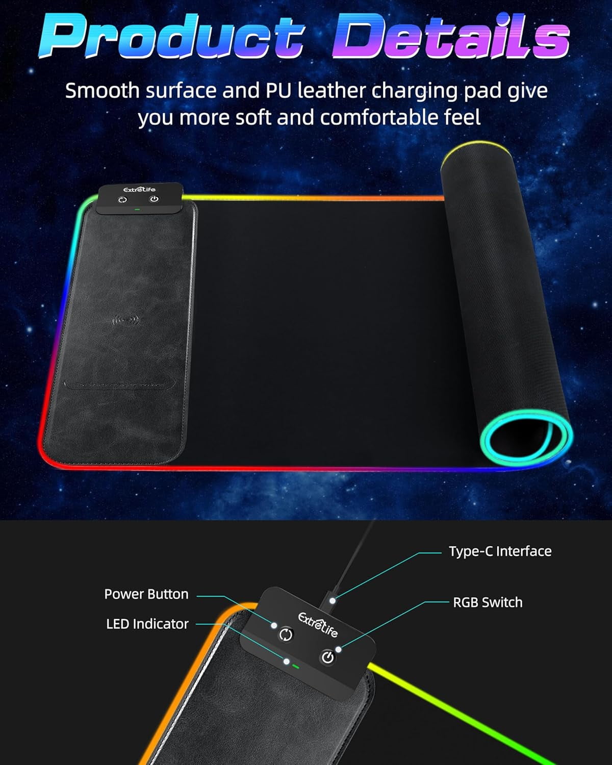 RGB Gaming Mouse Pad with Wireless Chargeing, LED Large Desk Mat, Ultra-Smooth Surface, Non-Slip Rubber Base, Waterpr... - Image 6